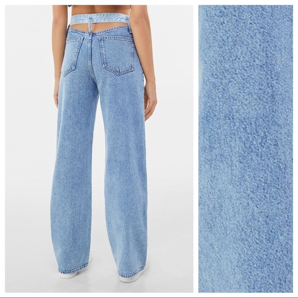 NWT. Bershka Blue 90's Two-Tone Cut Out Straight Fit Jeans. Size 4. - Picture 2 of 8